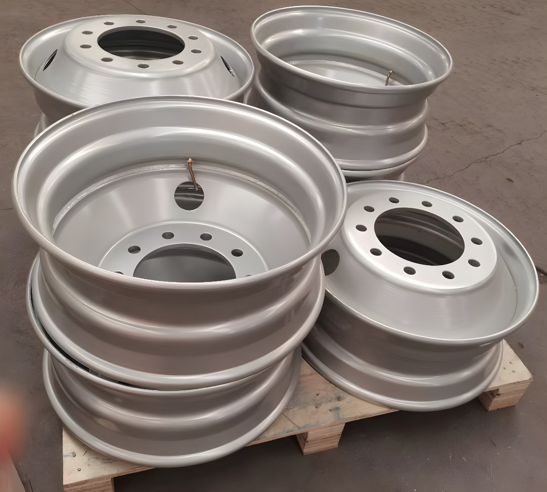 Finished truck and bus steel wheels stacked on a pallet