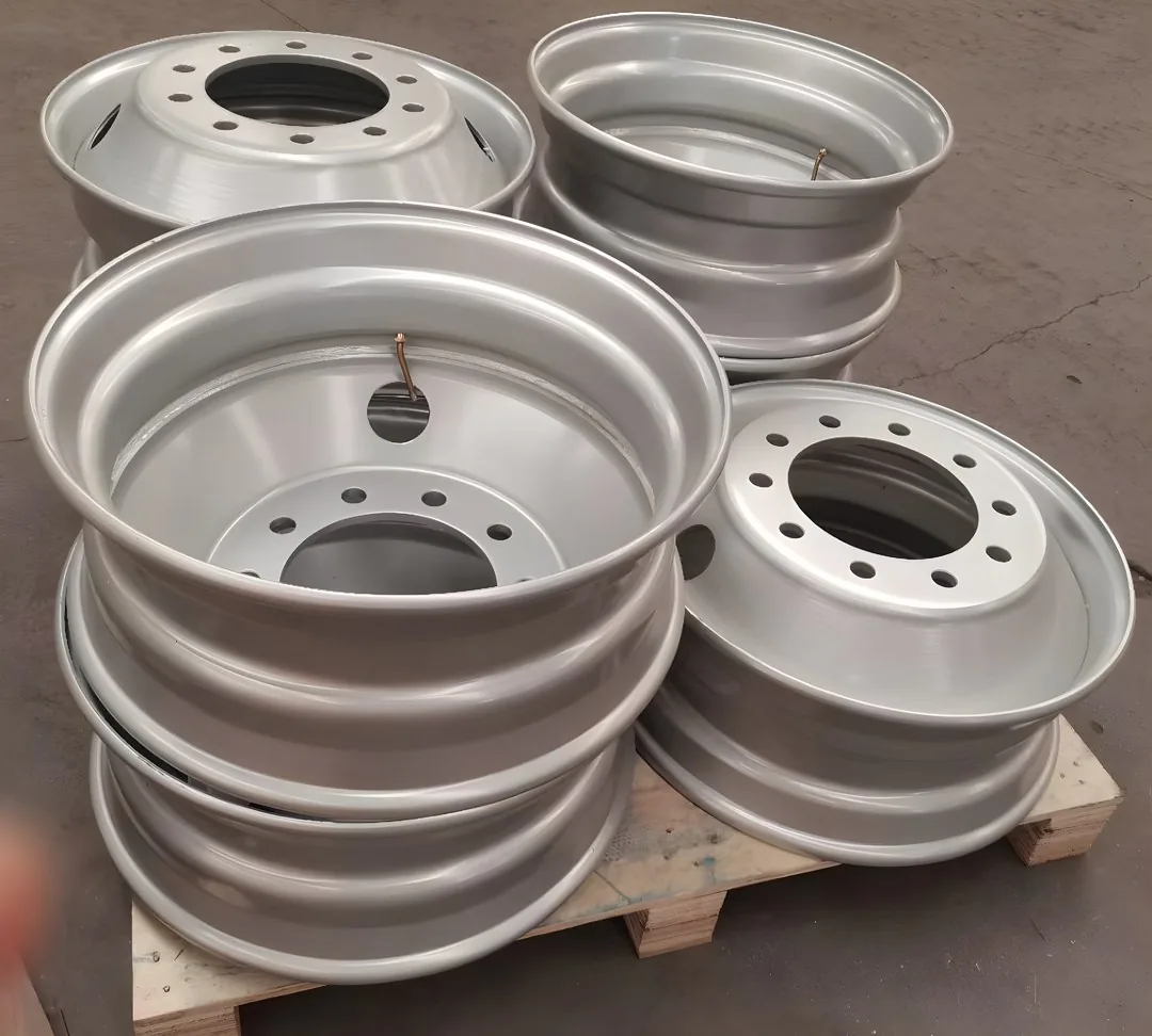 Finished truck and bus steel wheels stacked on a pallet